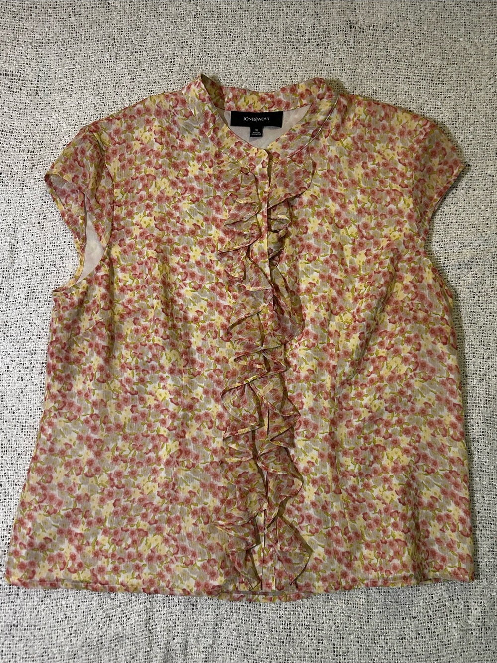 Vintage Y2K Pink and Yellow Floral Ruffle Cap-Sleeve Blouse Size M